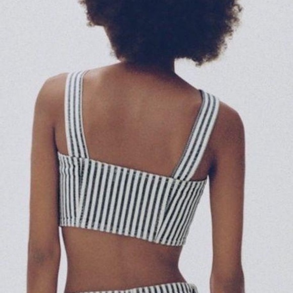 NWT Zara Blue White Denim Striped Crop Top | Size Medium - Picture 9 of 12